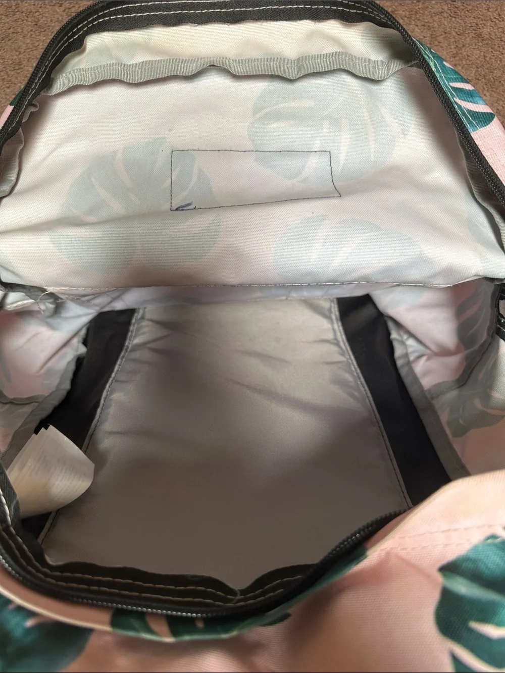 Jansport Pink Backpack with Green Tropical Leaf Print